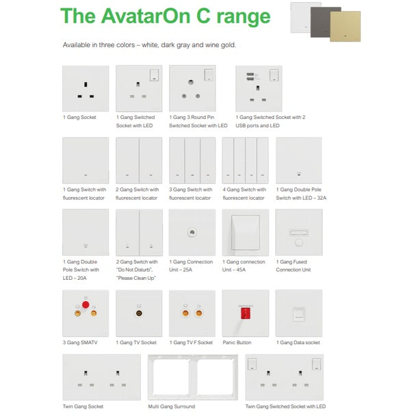 Schneider Avataron C 20A 2Gang 1G2W Double Pole Heater Switch Wine Gold Dark Grey Matt White TML