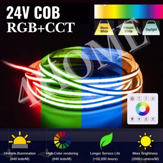 24V RGBCCT RGBCW Dimmable COB LED Strip Light 840 LEDs 12mm High Density Flexible 5meter