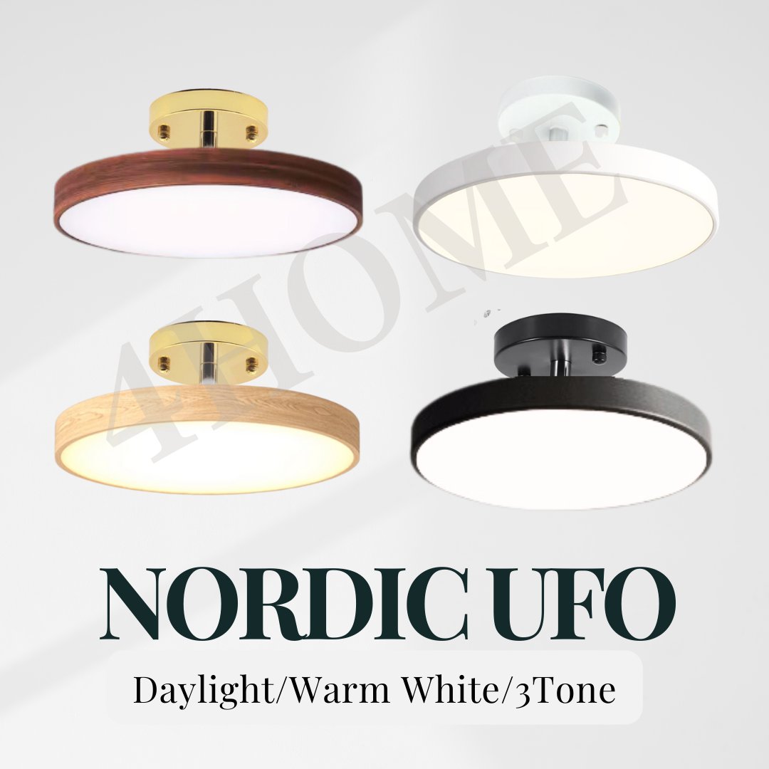 Premium Nordic UFO 24W 36W Black White Walnut Pine Wood Print Minimal LED Ceiling Light - Daylight Warm White Tri-tone Macaron