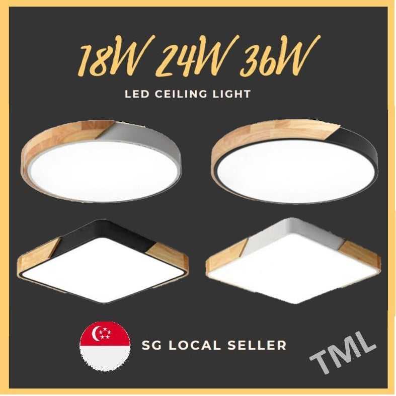 TML 18W 24W 36W Nordic LED Ceiling Light Black White Wood Frame