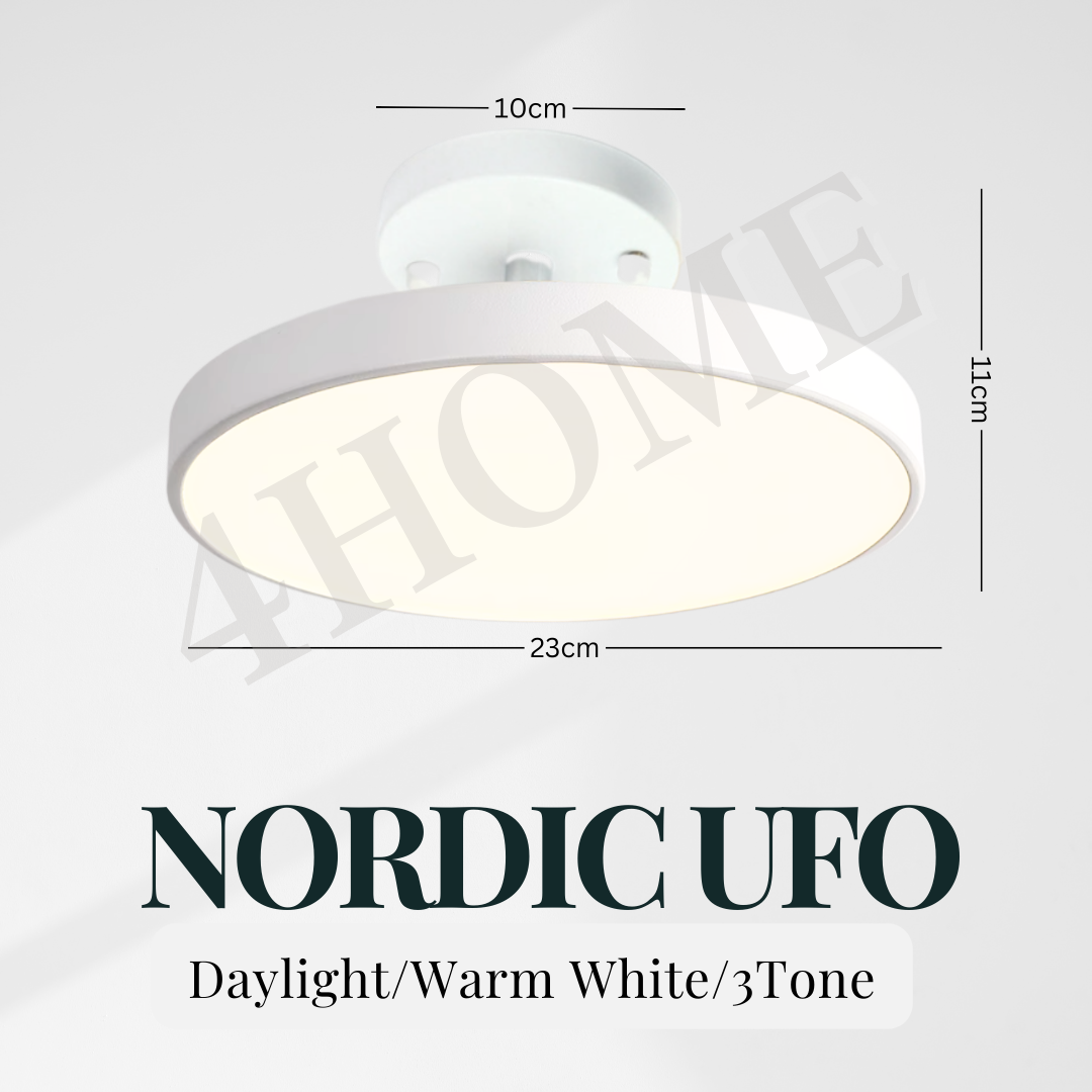 Premium Nordic UFO 24W 36W Black White Walnut Pine Wood Print Minimal LED Ceiling Light - Daylight Warm White Tri-tone Macaron