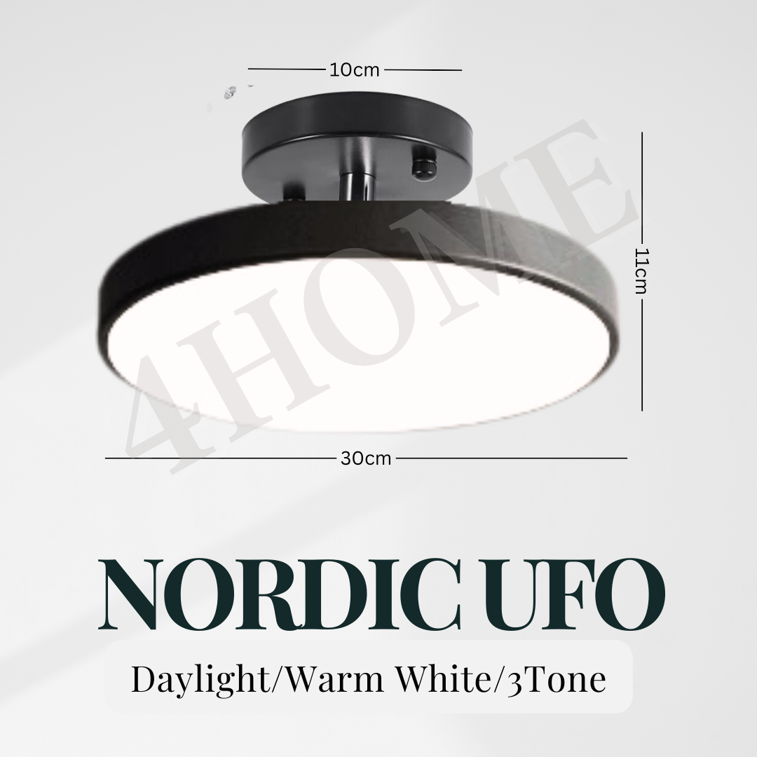 Premium Nordic UFO 24W 36W Black White Walnut Pine Wood Print Minimal LED Ceiling Light - Daylight Warm White Tri-tone Macaron