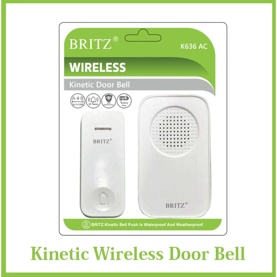 Britz Wireless Battery-Free Kinetic Doorbell Door Bell Chime Set