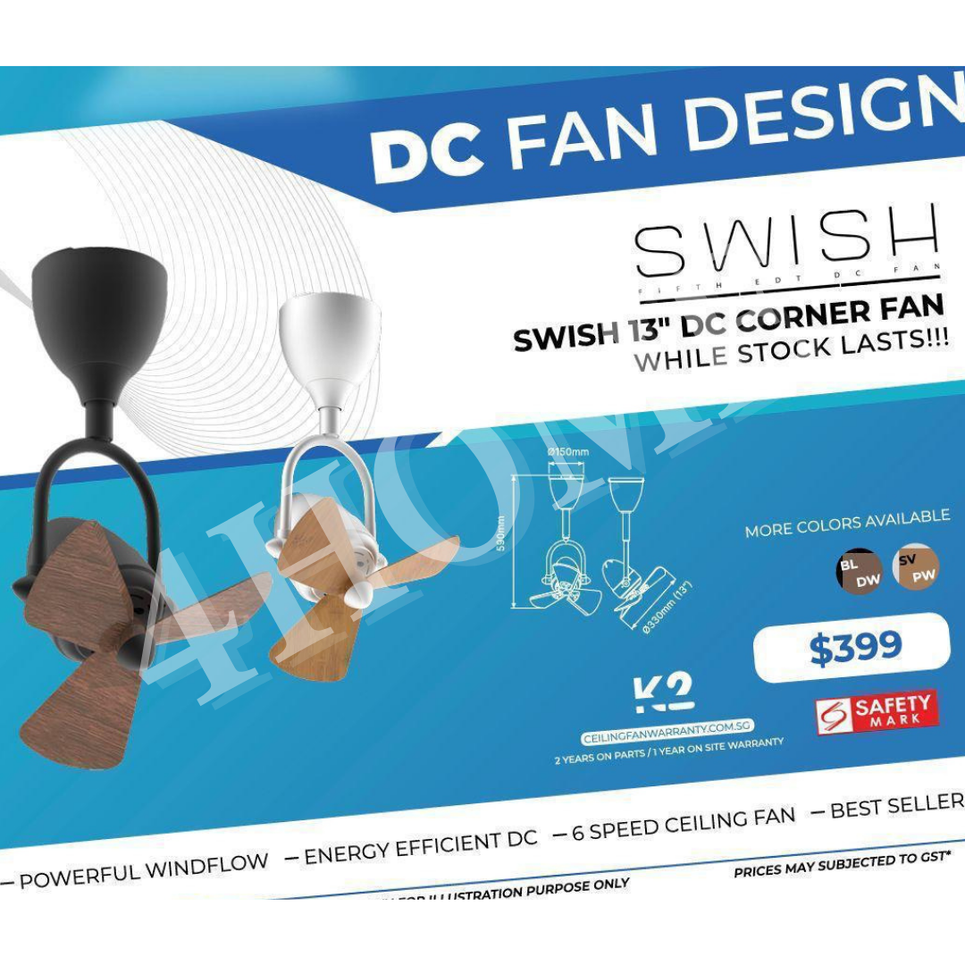 Alaska SWISH 13″ CORNER DC CEILING FAN Dark Wood Parquet Wood White