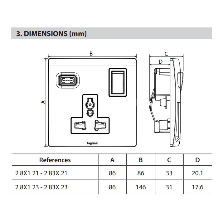 Legrand Mallia 2G Multistandard socket outlet with USB charger White Matt Black Silver