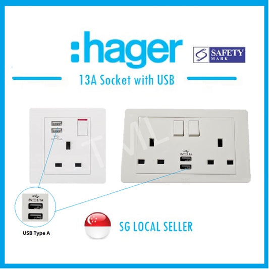 Hager 13A Socket with USB (Safety Mark)