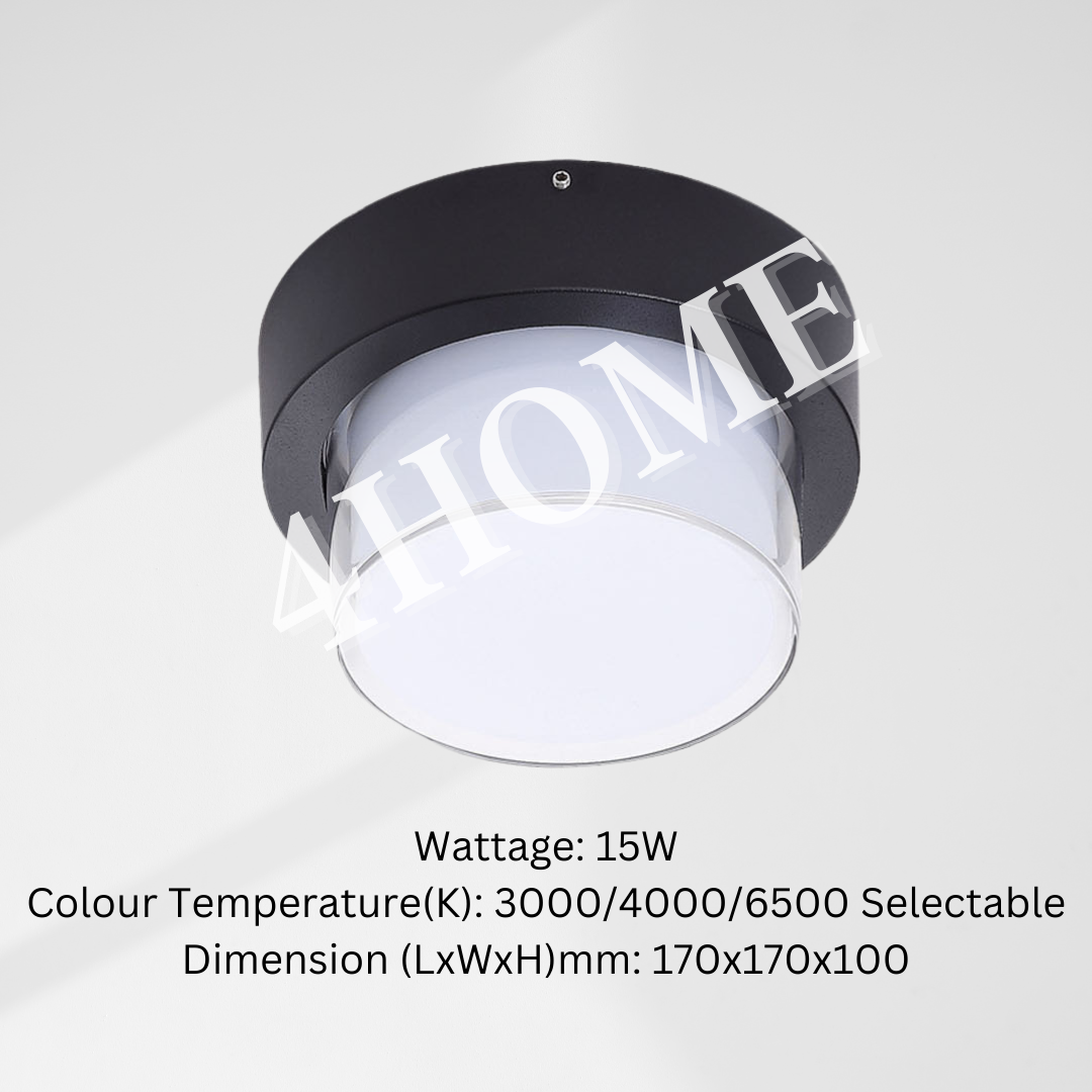 Waterproof Ceiling Light Wall Light Black Frame 15W IP65 Outdoor Balcony Bathroom