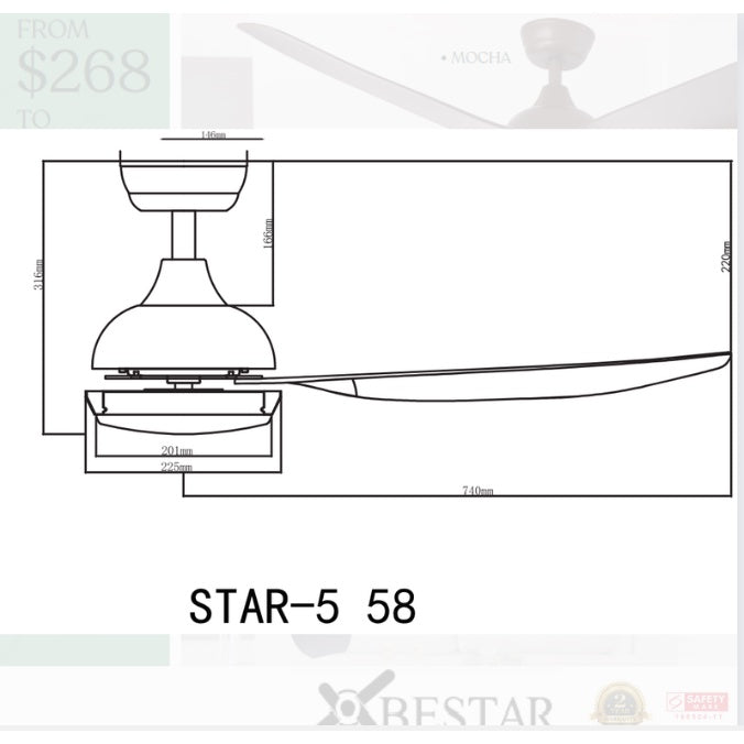 SMART Ceiling Fan Bestar Star5 5 Blades 38inch 48inch 58inch Star 5 DC Fan