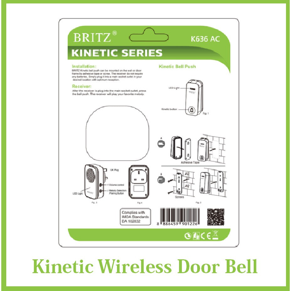 Britz Wireless Battery-Free Kinetic Doorbell Door Bell Chime Set