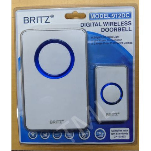 BRITZ Wireless Doorbell Set 912DC Transmitter Receiver 100M HDB BTO CONDO LANDED Door Bell Chime set