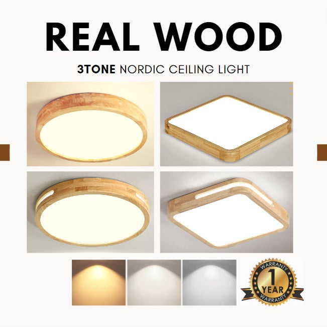 1YEAR WARRANTY Real Wood Nordic Minimal LED Ceiling Light Wood Frame Tritone Macaron TML