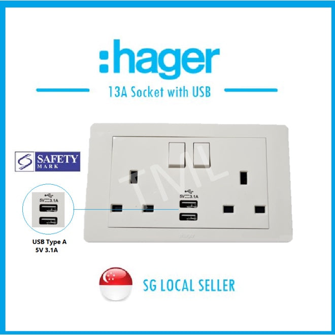 Hager 13A Socket with USB (Safety Mark)