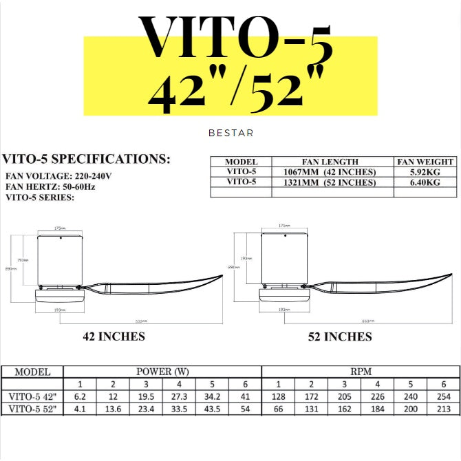 BESTAR Designer Hugger Smart Wifi Controlled Ceiling Fan VITO 3 VITO 5 DC Motor 40" 42" 50" 52" 3blades 5blades