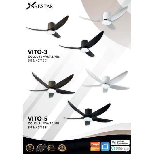 BESTAR Designer Hugger Smart Wifi Controlled Ceiling Fan VITO 3 VITO 5 DC Motor 40" 42" 50" 52" 3blades 5blades