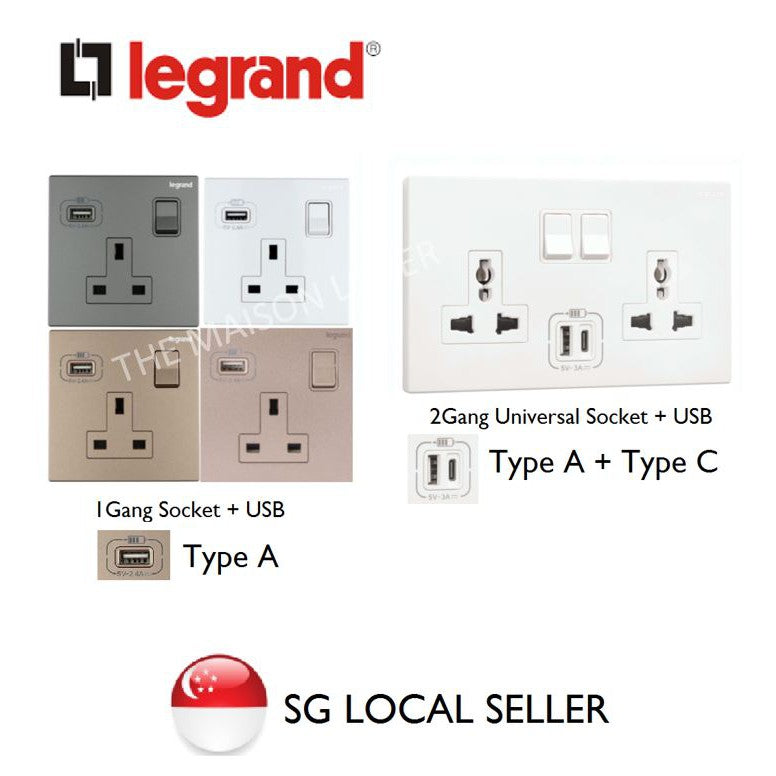 Legrand Galion Socket with USB Champagne Rose Gold Dark Silver White Matt Black