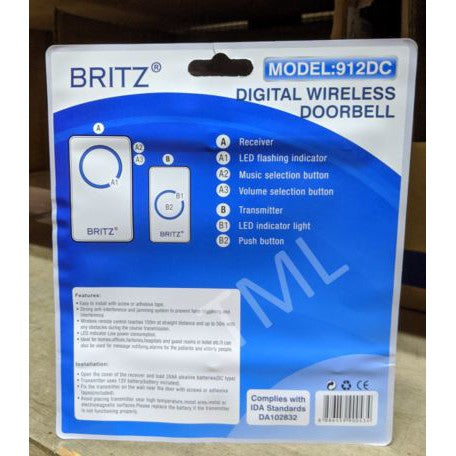 BRITZ Wireless Doorbell Set 912DC Transmitter Receiver 100M HDB BTO CONDO LANDED Door Bell Chime set