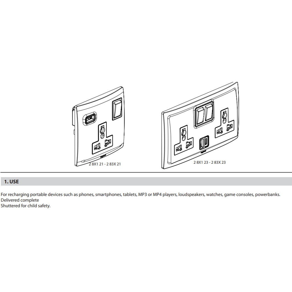 Legrand Mallia 2G Multistandard socket outlet with USB charger White Matt Black Silver