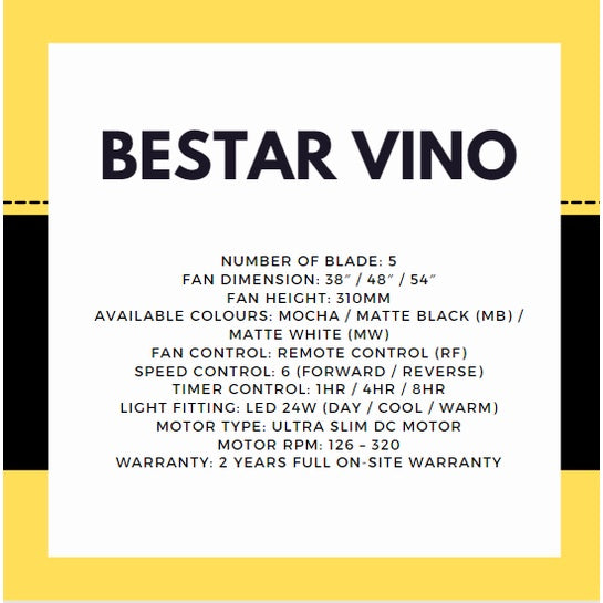 Bestar Vino 5blades DC Ceiling Fan 38inch 48inch 54inch 24W light