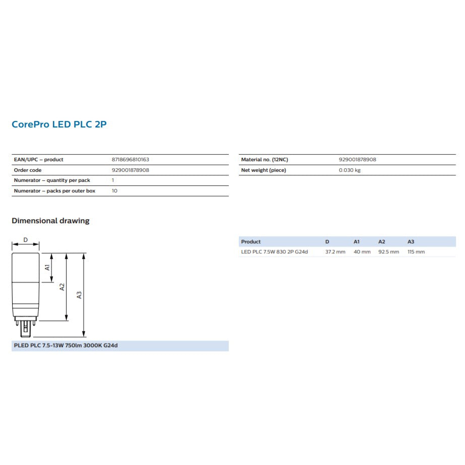 [Bundle of 4] Philips LED PL-C PLC 2P 2Pin G24D 7.5W 9W MyCare Retrofit for 13W 18W PLC fluorescent tube