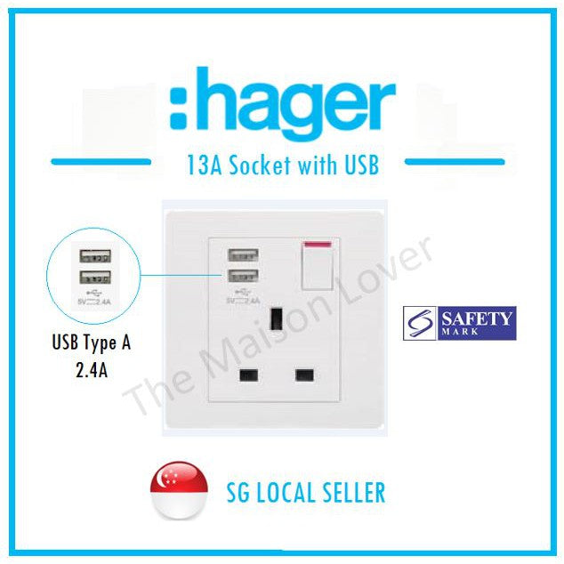 Hager 13A Socket with USB (Safety Mark)