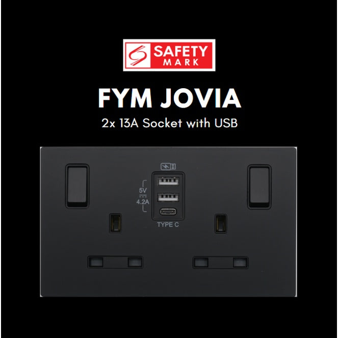 FYM Jovia 2x13A Double Socket with USB Singapore Safety Mark Matt Black Grey White