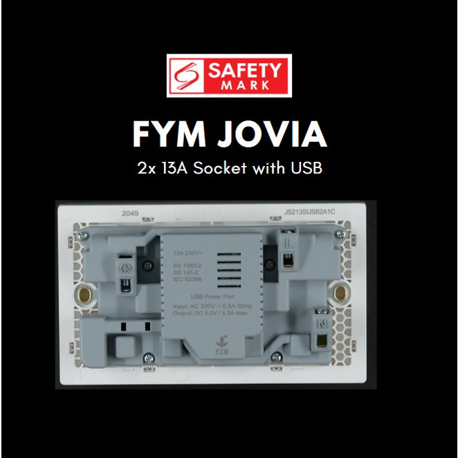 FYM Jovia 2x13A Double Socket with USB Singapore Safety Mark Matt Black Grey White