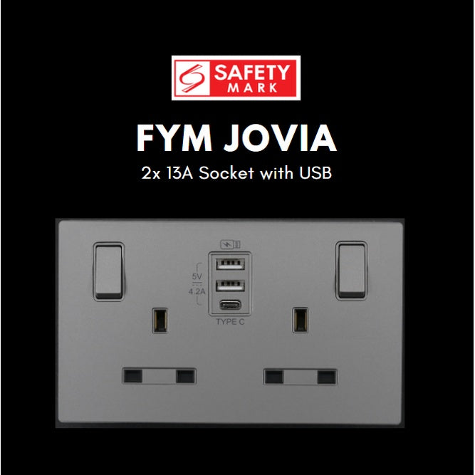 FYM Jovia 2x13A Double Socket with USB Singapore Safety Mark Matt Black Grey White