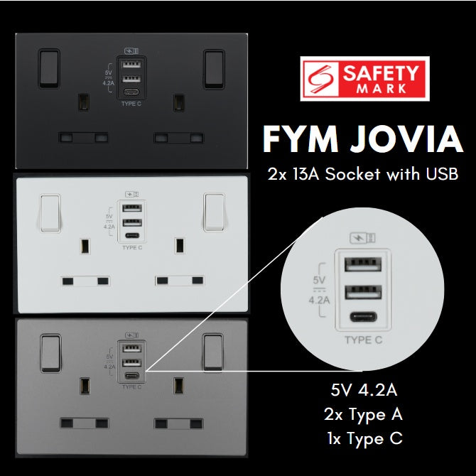 FYM Jovia 2x13A Double Socket with USB Singapore Safety Mark Matt Black Grey White