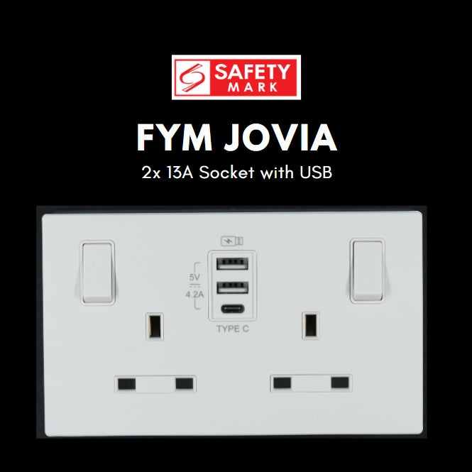 FYM Jovia 2x13A Double Socket with USB Singapore Safety Mark Matt Black Grey White