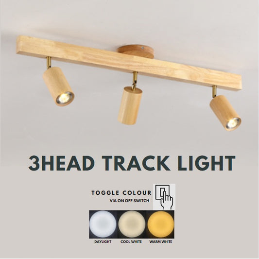 Nordic Real Wood LED Track Light 3 head Spotlight Tri-tone 21W Japanese Style TML