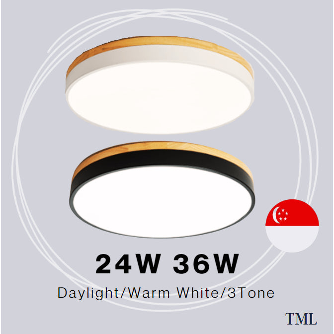 Nordic LED Ceiling Light Black White with Wood 24W 36W TML