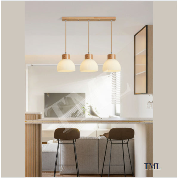 Linear Wood Japanese Design 3Head Pendant Light Dining Island TML