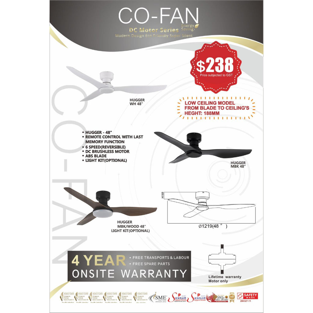 Fanco Hugger Ceiling Fan 48" Low Ceiling 188 mm Short Fan Height for BTO Condo TML