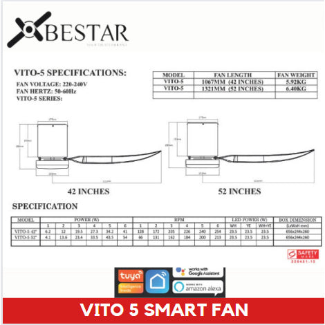 BESTAR Smart Hugger Wifi Controlled Ceiling Fan VITO 5 DC Motor 42" 52" 3blades low ceiling