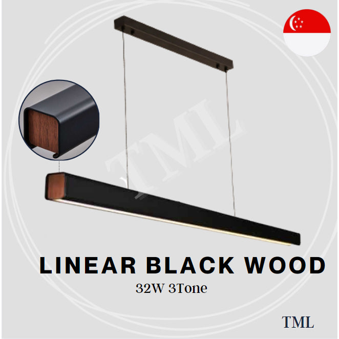 Premium Black Wood Linear Pendant Light 32W Tri-Tone for Dining Island Study Kitchen