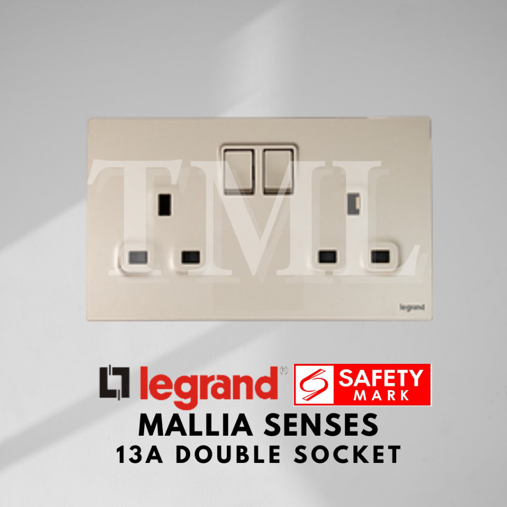 Legrand Mallia Senses Double Socket 2x13A Designer Matt Black Silver Champagne TML