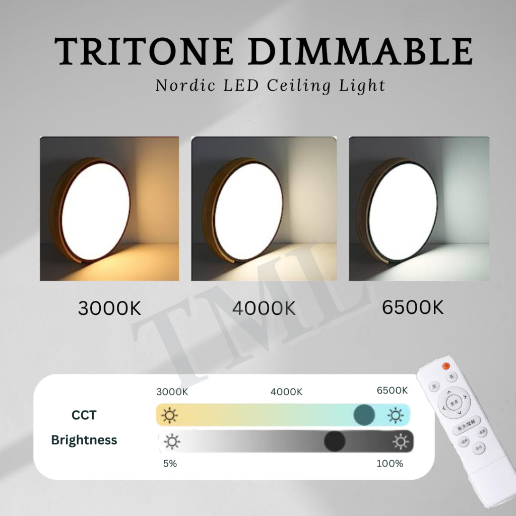 Nordic LED Ceiling Light Black White with Half Wood Dimmable with Remote Control