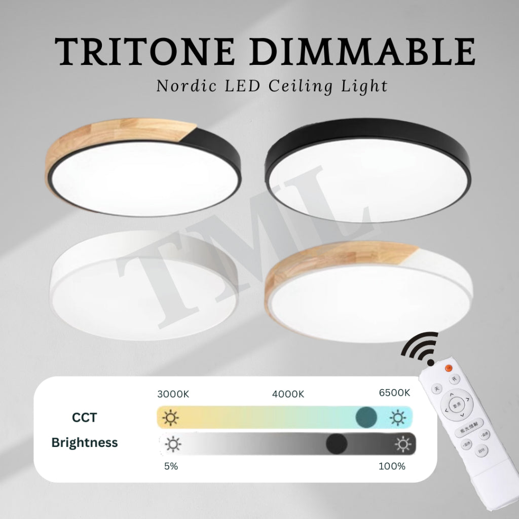 Nordic LED Ceiling Light Black White with Half Wood Dimmable with Remote Control