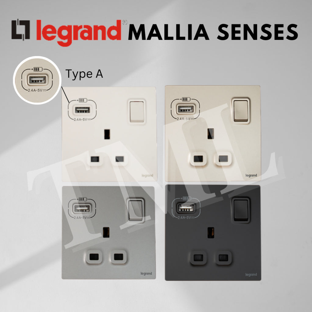 Legrand Mallia Senses Single Double Socket with USB Designer Matt Black Silver Champagne TML