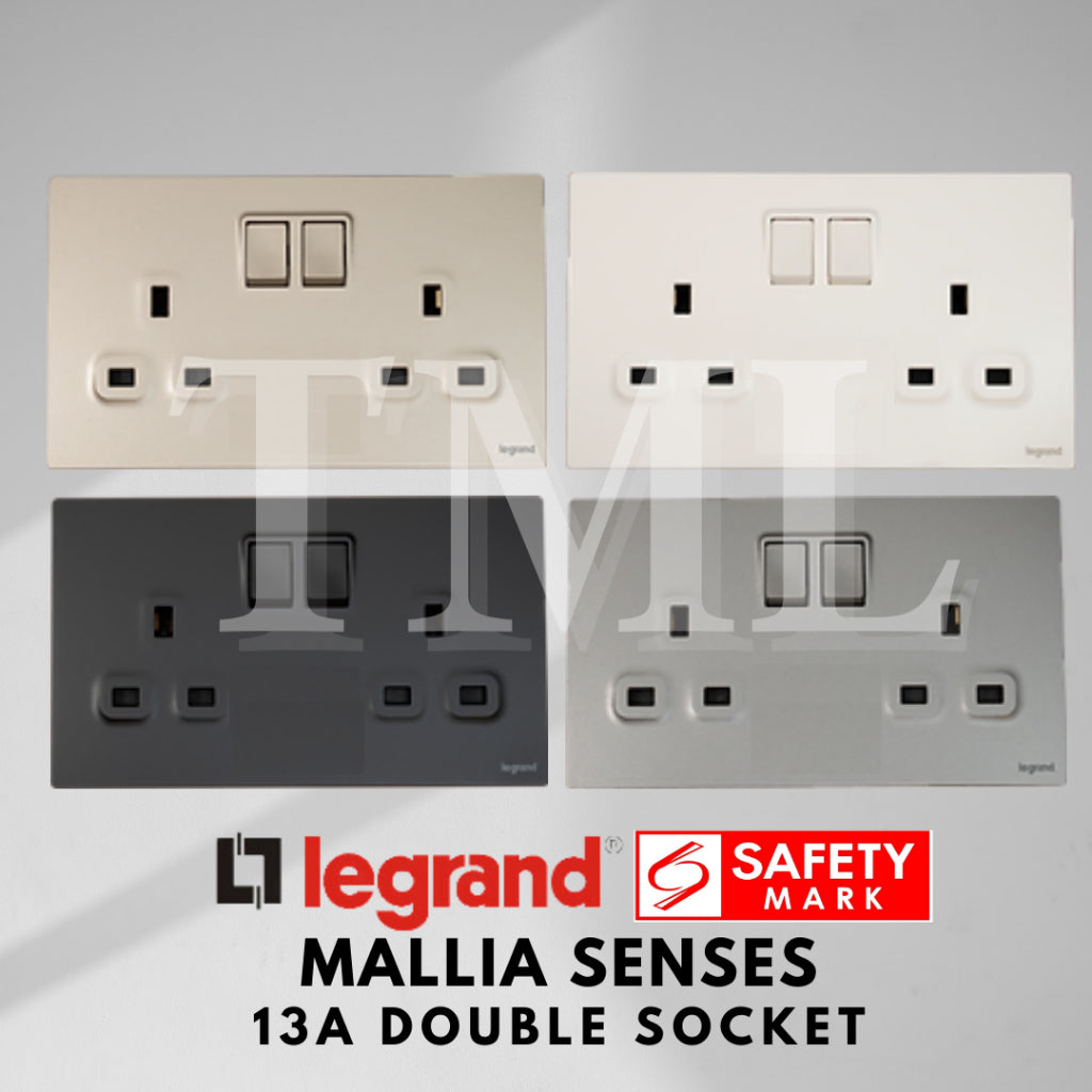 Legrand Mallia Senses Double Socket 2x13A Designer Matt Black Silver Champagne TML