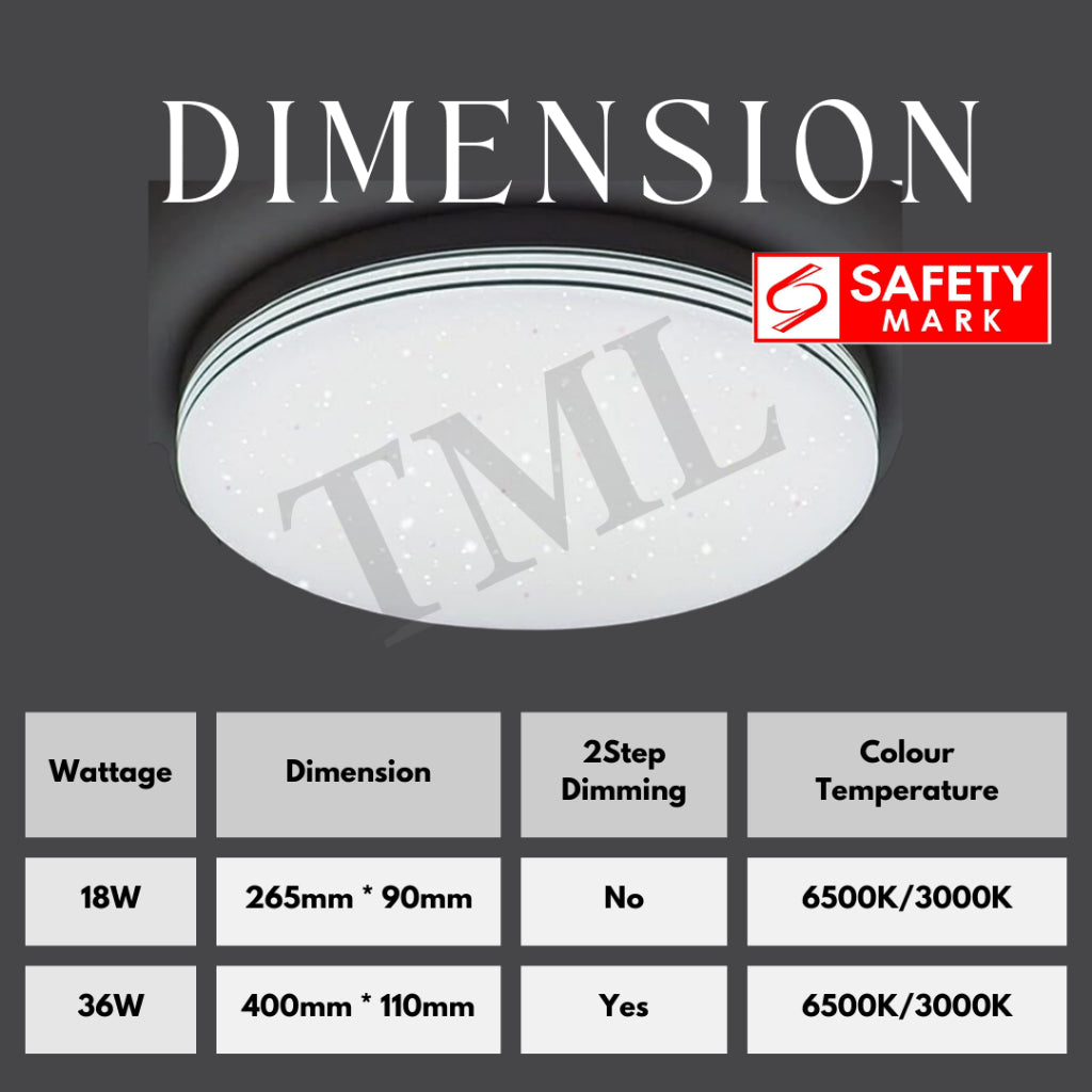 TML LED Ceiling Light Dimmable Glittering Effect SG Safety Mark 18W 36W Shimmering Surface Panel Dimmable Daylight