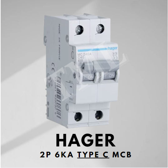 Hager 2P Two Pole MCB 6kA Type B Type C MT22A MT240A MC240A 32A 40A Hager 2 Pole