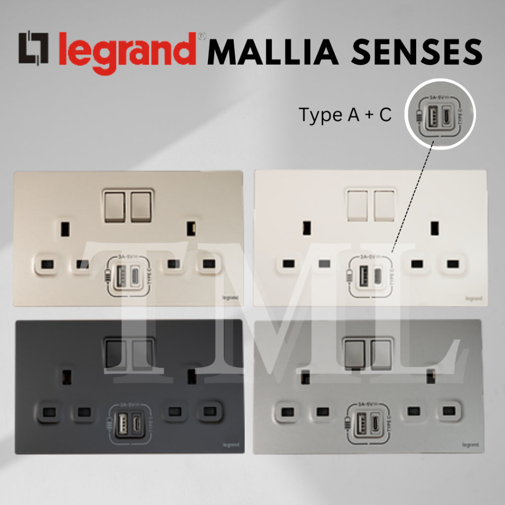 Legrand Mallia Senses Single Double Socket with USB Designer Matt Black Silver Champagne TML