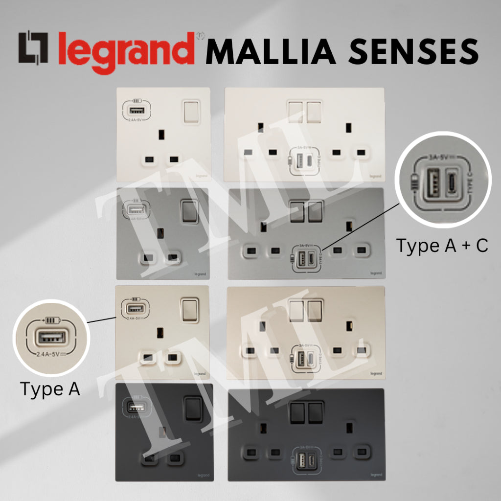 Legrand Mallia Senses Single Double Socket with USB Designer Matt Black Silver Champagne TML