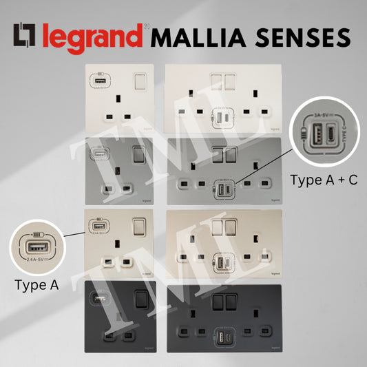 Legrand Mallia Senses Single Double Socket with USB Designer Matt Black Silver Champagne TML