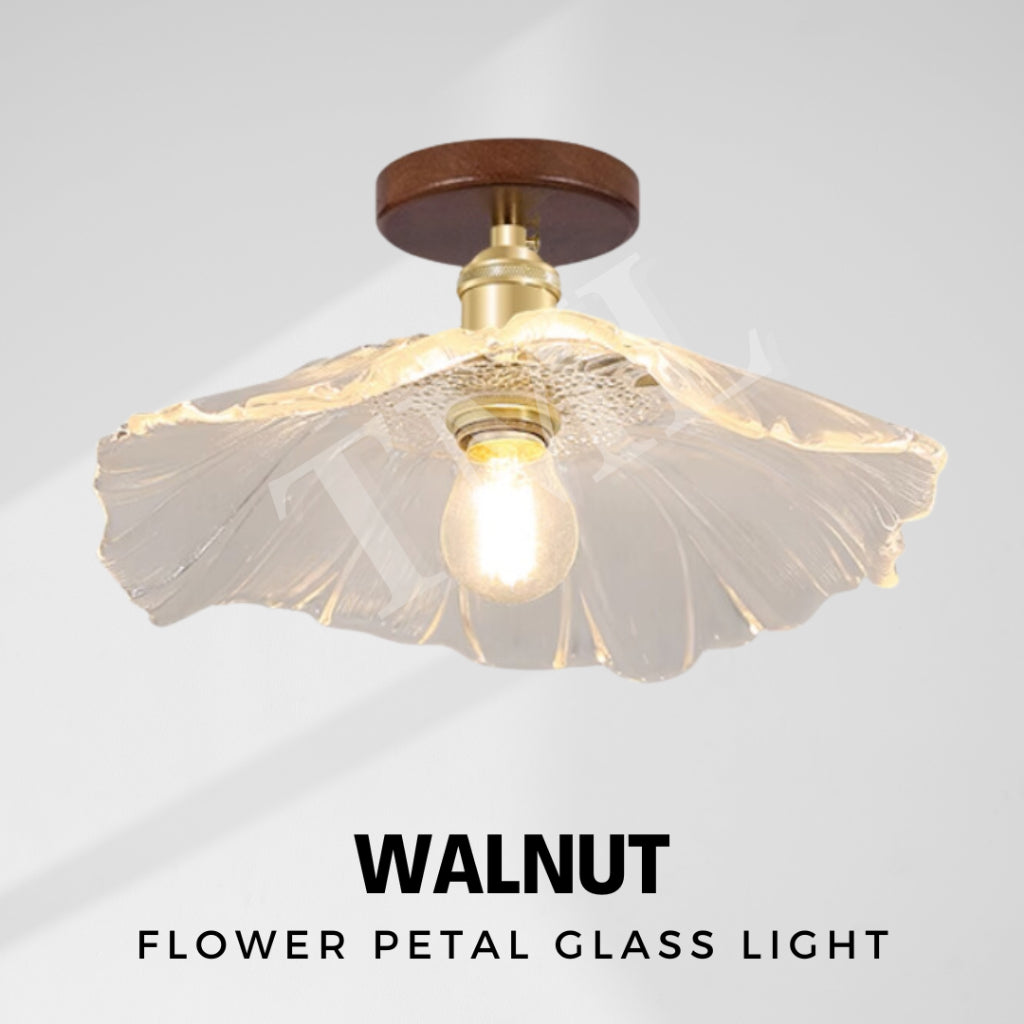 Vintage Style Flower Petal Glass Ceiling Light Walnut Pine Wood E27 Bulb TML