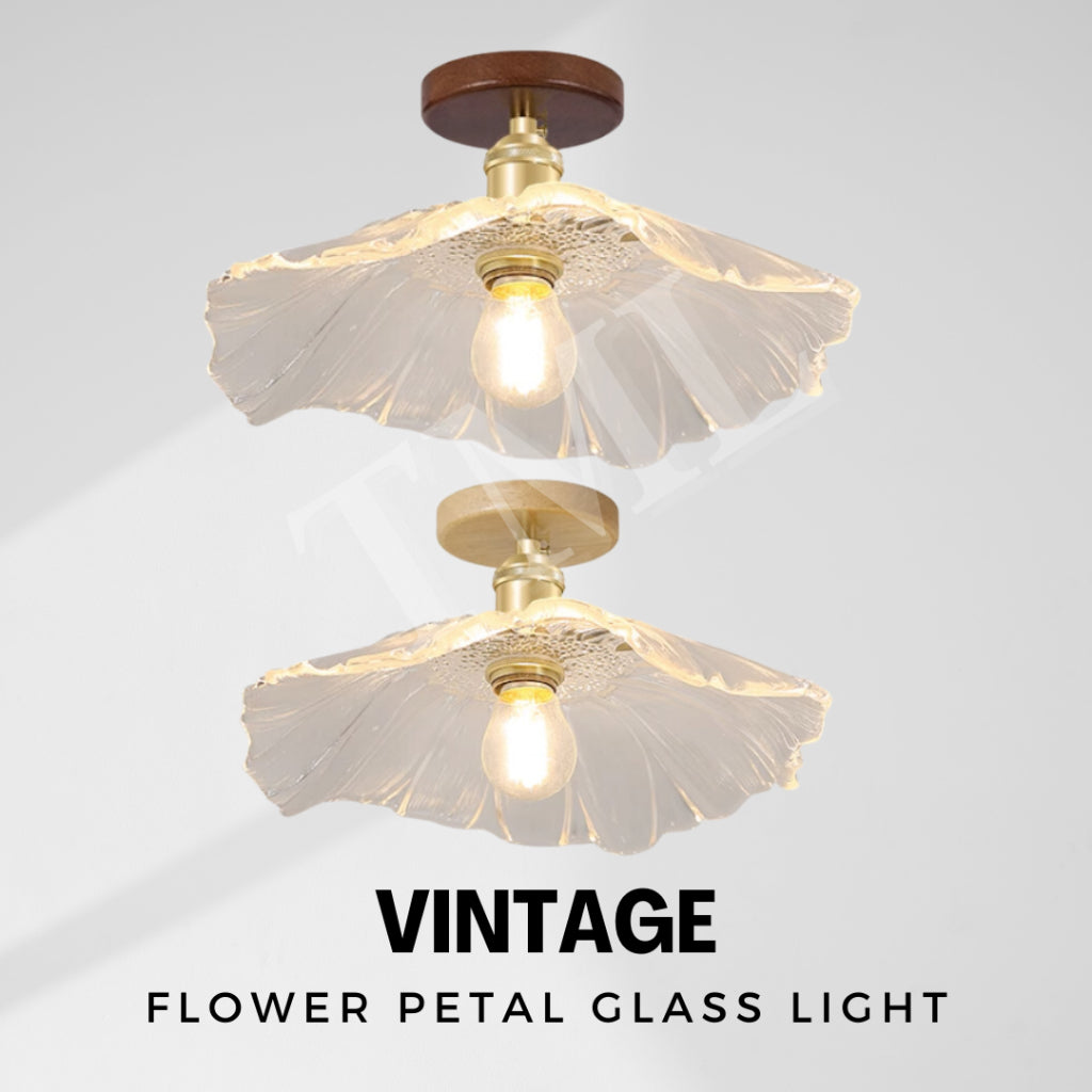 Vintage Style Flower Petal Glass Ceiling Light Walnut Pine Wood E27 Bulb TML