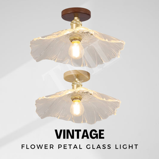 Vintage Style Flower Petal Glass Ceiling Light Walnut Pine Wood E27 Bulb TML