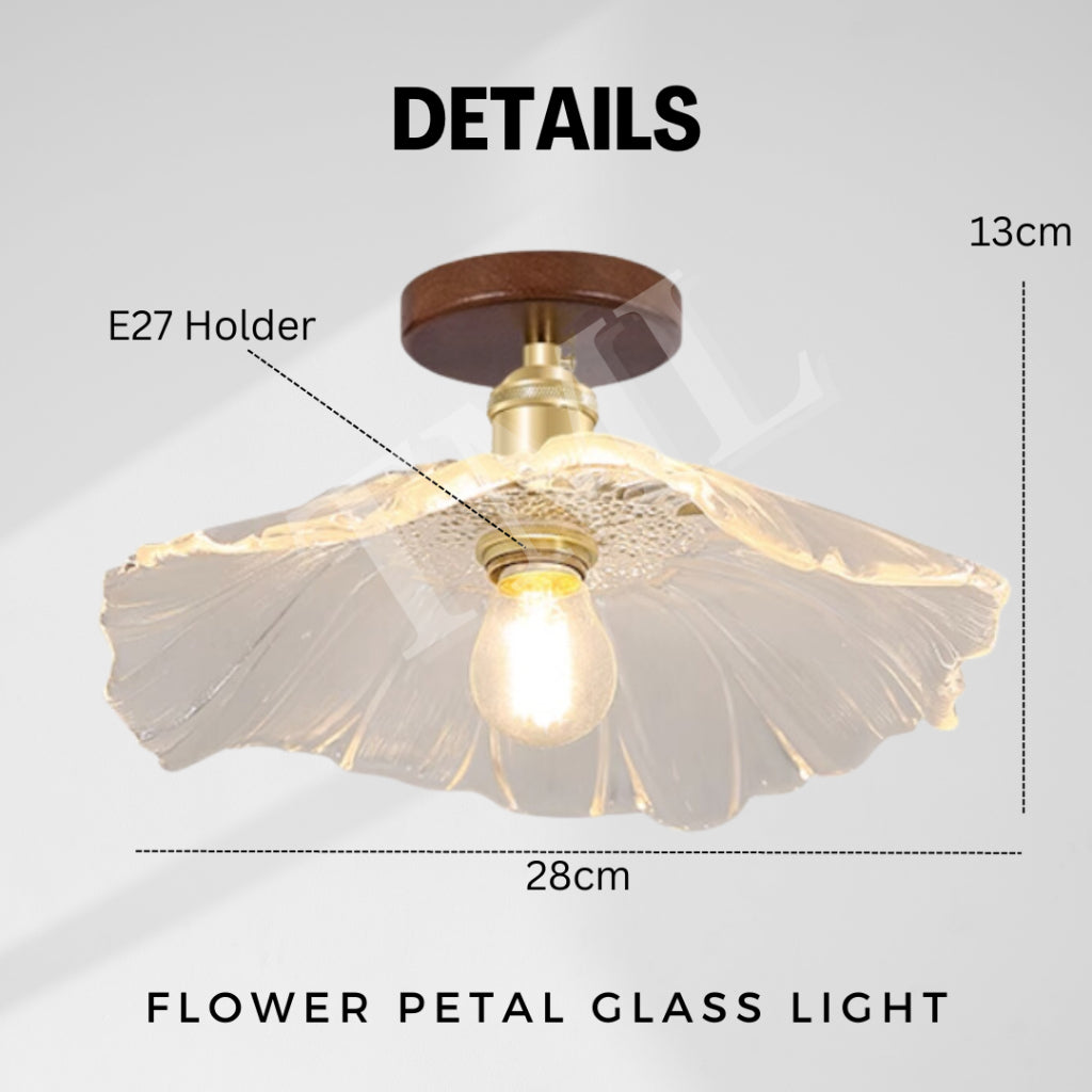 Vintage Style Flower Petal Glass Ceiling Light Walnut Pine Wood E27 Bulb TML