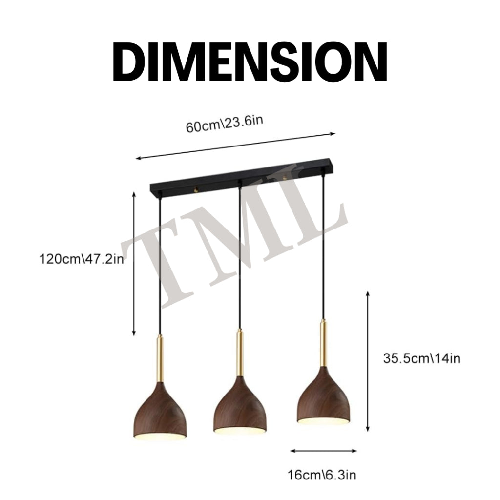 Linear Dark Wood Print Walnut Japanese Design 3Head Pendant Light E27 Dining Island TML